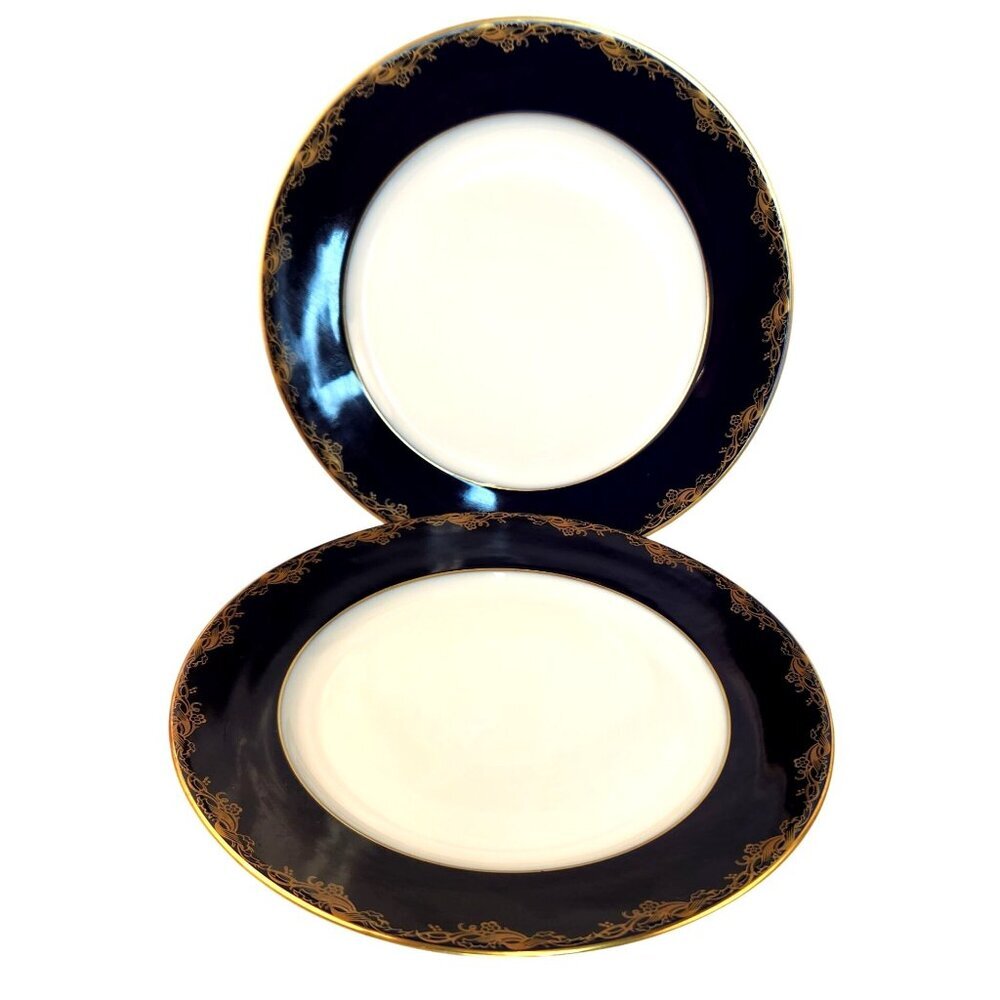 Rare Rosenthal Classic Rose Collection Salad Plates Navy & Gold Scroll Set of 2
